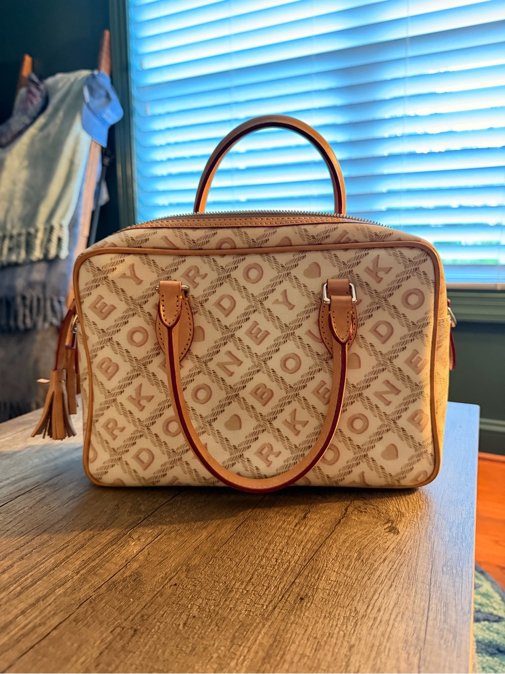 Dooney & Burke Beige Monogram Handbag with Tan Leather Trim & Crossbody Strap